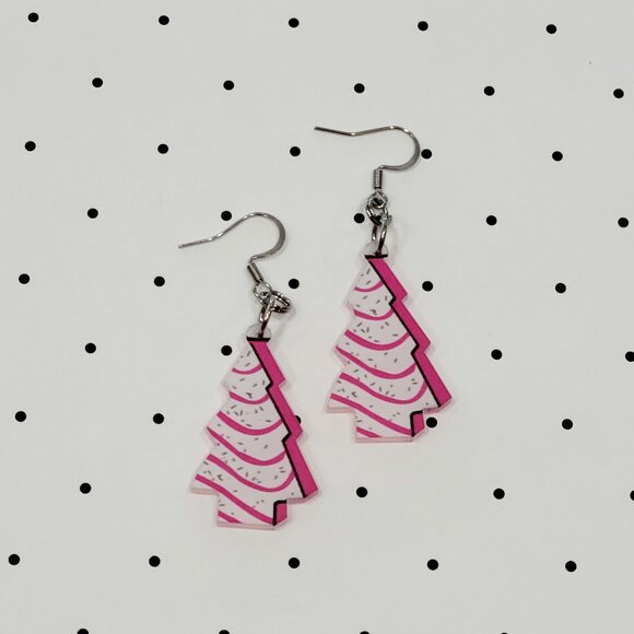 Hearth and Hex Jewelry - Pink Christmas Tree Cake Earrings Stainless Steel Hooks Holiday Earrings Funky